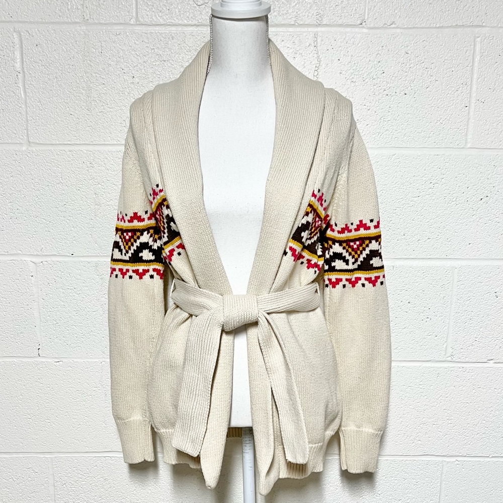 Quiksilver Cotton Heavyweight Belted Cream Cardigan w/Multi Aztec Style Print  S